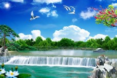 瀑布山水3D中式山水风景画瀑布仙鹤背景墙
