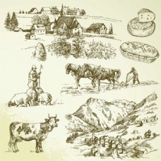 手绘农场里的风景插画