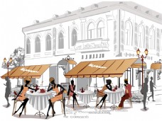 手绘时尚街头咖啡厅插画