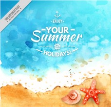度假水彩绘夏季海边海螺和海星矢量