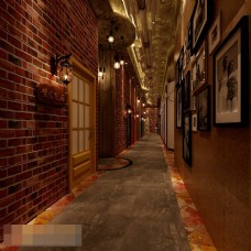 复古酒店过道室内3D模型效果图