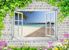 3D立体窗外海边风景背景墙