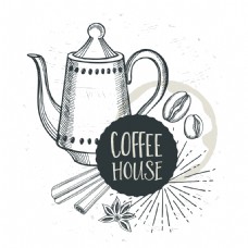 茶手绘咖啡壶和咖啡豆插画