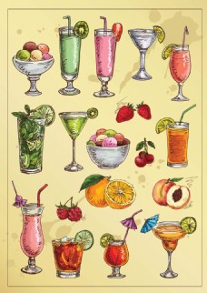 水果饮料手绘水果和饮料插画