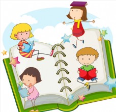 儿童翻开的书本中看书学习的孩子们