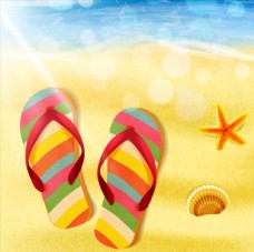 度假沙滩上的彩虹拖鞋矢量素材