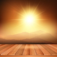 远山木制观景台前的阳光风景图片