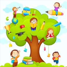 绿树绿色大树上学习的卡通儿童