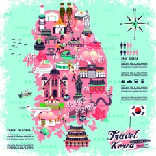 美食素材粉色系韩国旅行地标美食手绘地图矢量素材