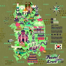 美国创意韩国旅行地标美食手绘地图矢量素材