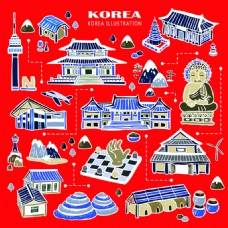 美国红色韩国旅行地标美食手绘地图矢量素材