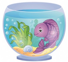 紫色卡通可爱金鱼鱼缸矢量素材