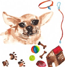 宠物狗动物水彩手绘狗及宠物用品矢量