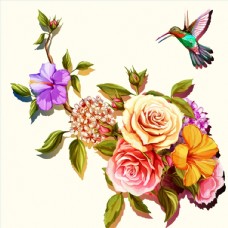 花的彩绘手绘多彩花束和飞翔的蜂鸟矢量素