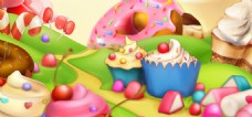 淘宝海报淘宝矢量卡通美食甜品蛋糕糖果面包草地海报