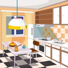 背景墙一个厨房内部矢量卡通插画