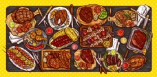 SPA插图矢量插图烹饪旗帜烤肉背景烤肉香肠蔬菜和酱汁