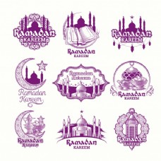 艺术字设置矢量紫色插图标志RamadanKareem与灯笼清真寺的塔新月
