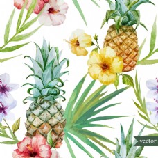 夏日水果菠萝水彩花纹背景