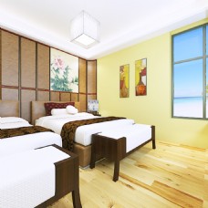 室内设计中式宾馆海景房间工装3D效果图暖色系max