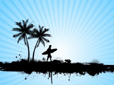 度假在一棵棕榈树的剪影背景冲浪者