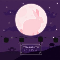 荷花紫色玉兔圆月中秋元素