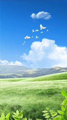蓝天白云绿色草地H5背景素材