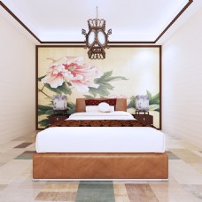 画中国风室内设计宾馆房间中国风中式风格暖色系3D效果
