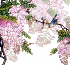 装饰花边手绘彩色植物花朵花边小鸟装饰画
