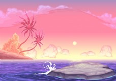 情人岛在夕阳的卡通插画矢量浪漫海景