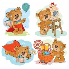 SPA插图集矢量剪贴画插图的棕色的泰迪熊祝你生日快乐