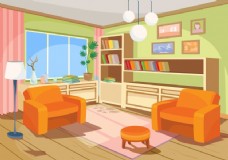 向量的桔子家房间卡通内插图，一个有两个软沙发客厅