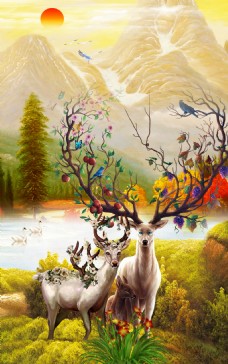 彩绘彩色驯鹿山水画装饰画