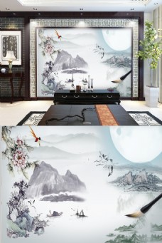 中国风水墨山水风景画电视背景墙