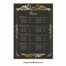 餐厅巴洛克菜单模板与金色框架