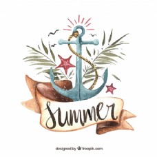 度假夏天的水彩背景的锚和棕榈叶