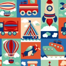 卡通玩具运输无缝图案的飞机气球帆船游艇的矢量插图