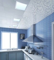 厨房设计蓝色现代简约厨房吊顶造型设计效果图