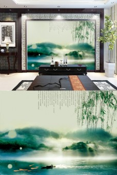 中国风水墨绿色山水电视背景墙