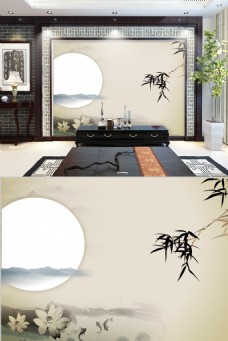 中国风满月竹叶意境风景装饰电视墙