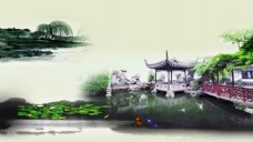 屏风中国风彩色水墨建筑背景大屏视频素材