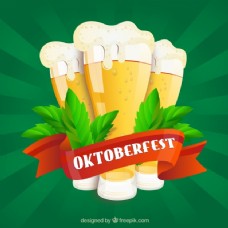 秋日用啤酒和啤酒节的红丝带的绿色背景