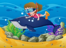 度假与鲸鱼在海底潜水的女孩