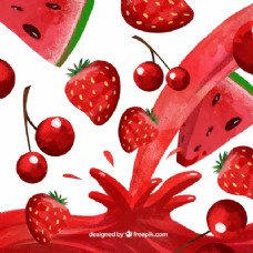 与西瓜汁背景水彩画风格的樱桃和草莓