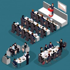 会议矢量的三维平面等距商业人物插画一个企业的领导者这个概念导致经理首席执行官