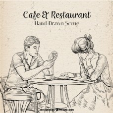 咖啡馆里手绘的情侣阅读