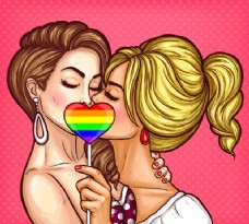 妇女女性矢量流行艺术女同性恋夫妇亲吻和覆盖他们的嘴唇上的标志在一个彩虹心的形式