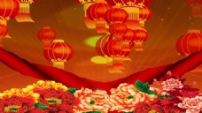 红牡丹喜庆春节中国风红灯笼牡丹飘带