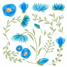 蓝色水彩花卉与叶和花卉收集