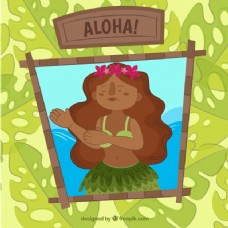 夏威夷女孩和棕榈叶背景